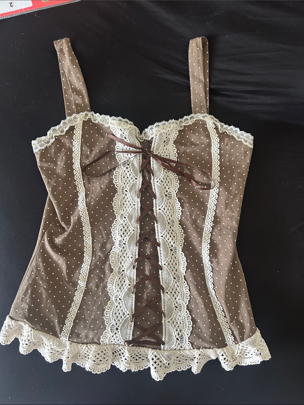 Lace-Trim Brown Polka Dot Corset Tank Top